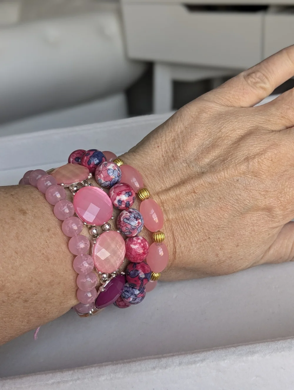 Set of 4 Pink Stretch Bracelets | Layered Stack | Beaded & Statement Jewelry - Picture 2 of 4